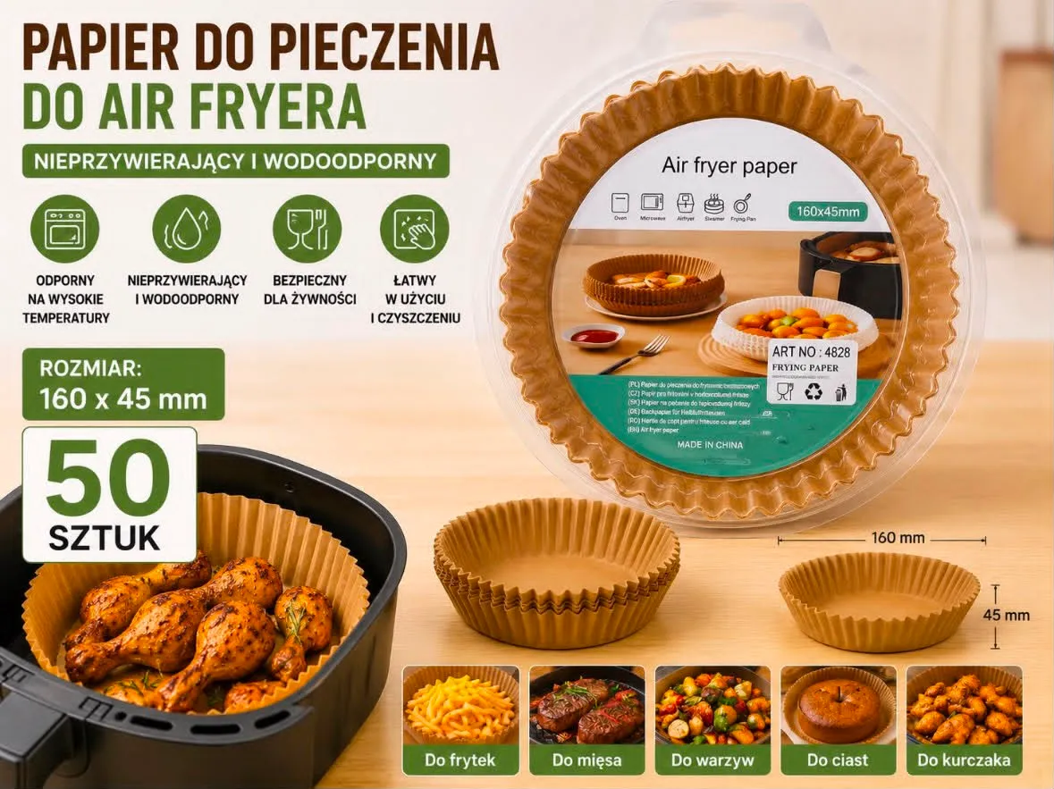 Brązowy papier do pieczenia do air fryera w opakowaniu 50 sztuk, widoczne wymiary 160x45 mm