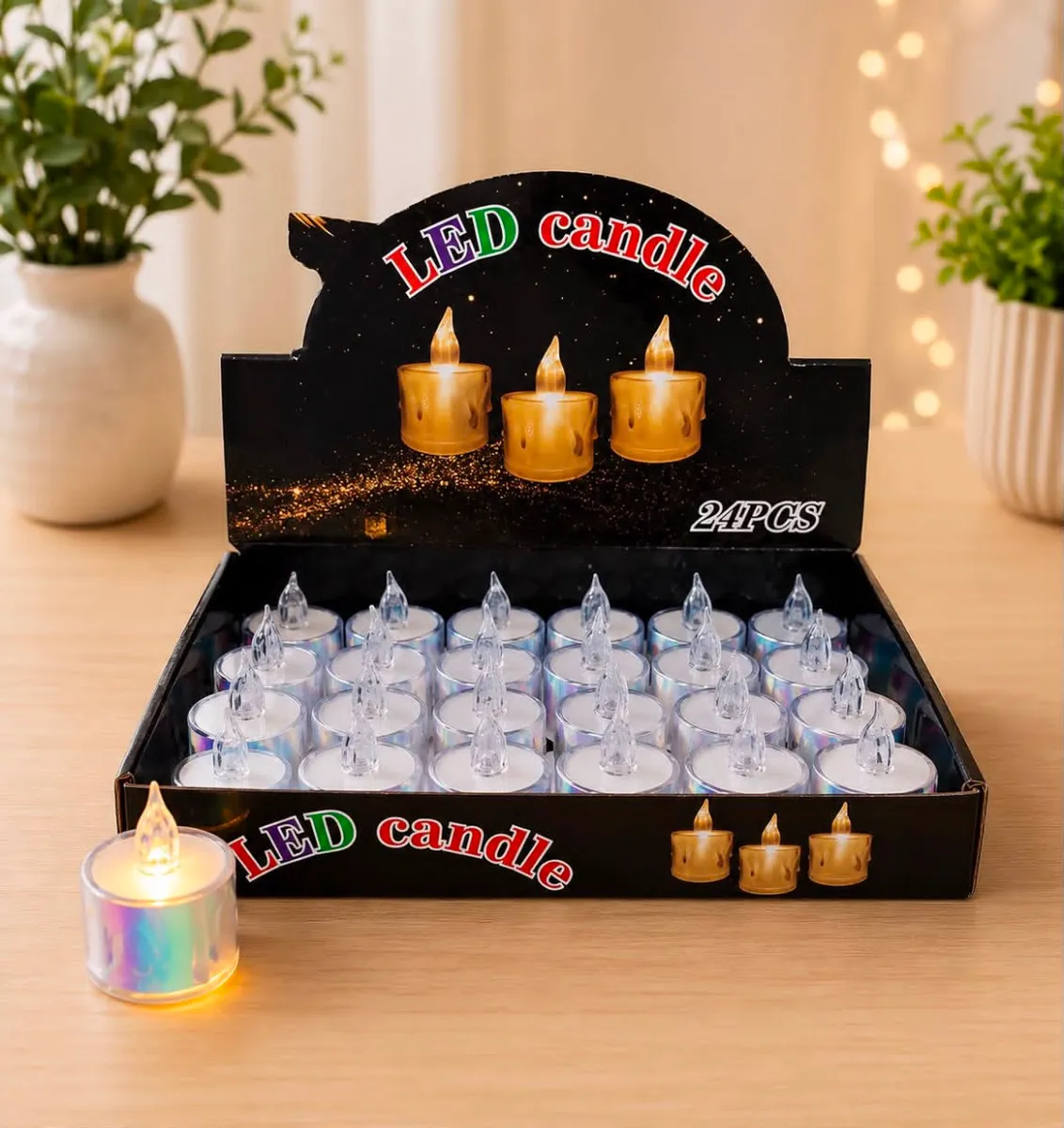 Zestaw 24 świeczek LED tealight z holograficzną obudową i imitacją płomienia na drewnianym stole