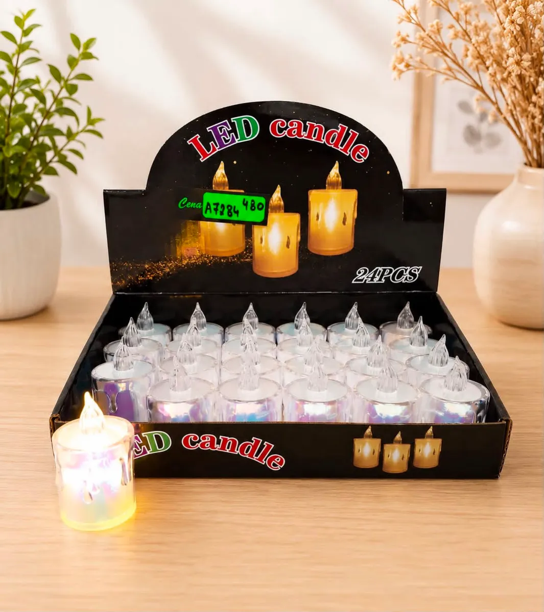 Zestaw 24 przezroczystych świeczek LED tealight z imitacją płomienia w czarnym opakowaniu
