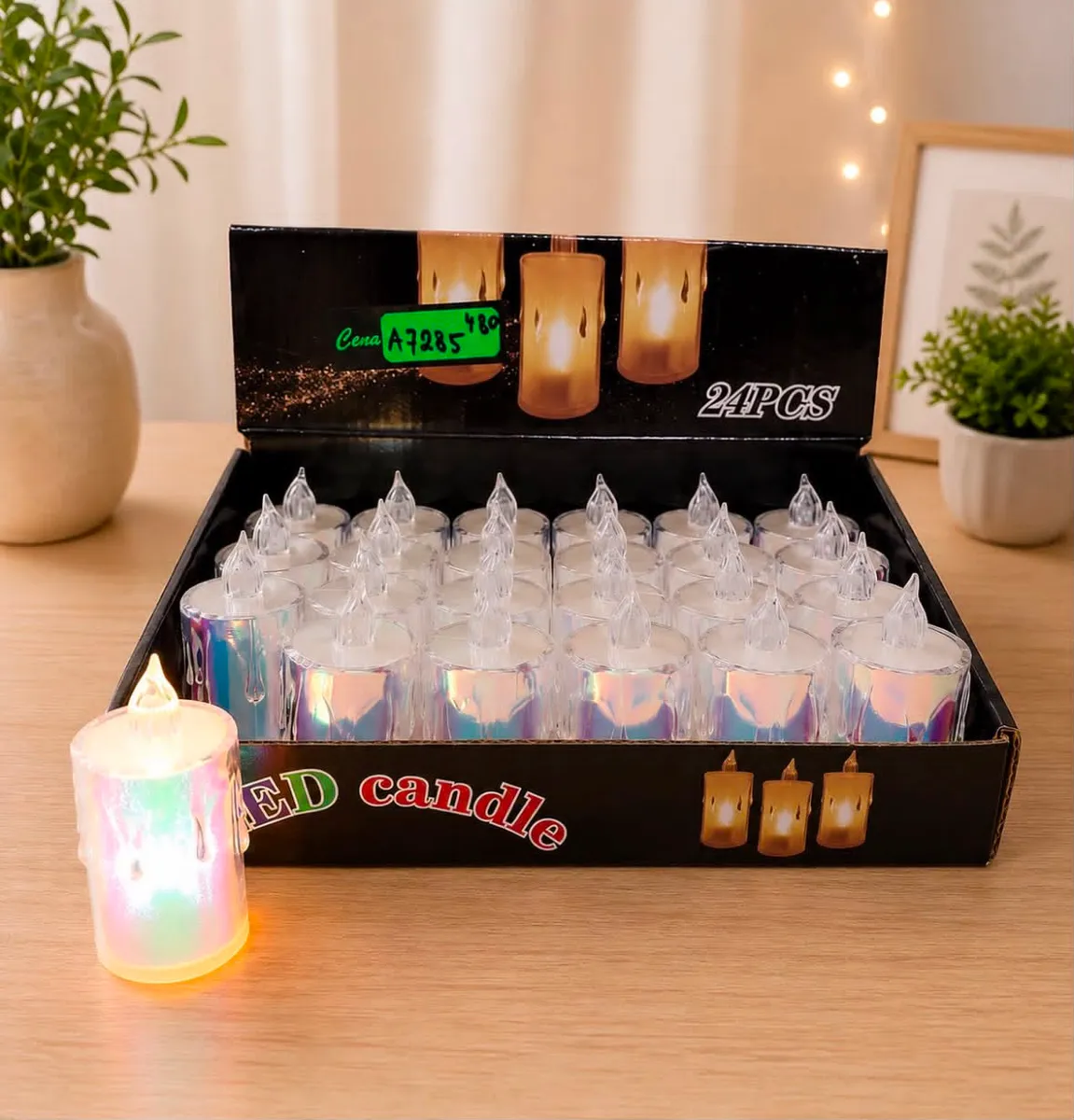 Zestaw 24 przezroczystych świeczek LED tealight z holograficzną obudową i imitacją płomienia