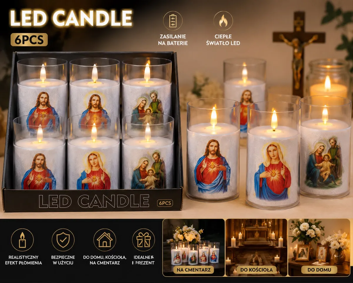 Zestaw 6 świec LED z nadrukami religijnymi w przezroczystych szklanych osłonkach, ciepłe białe światło