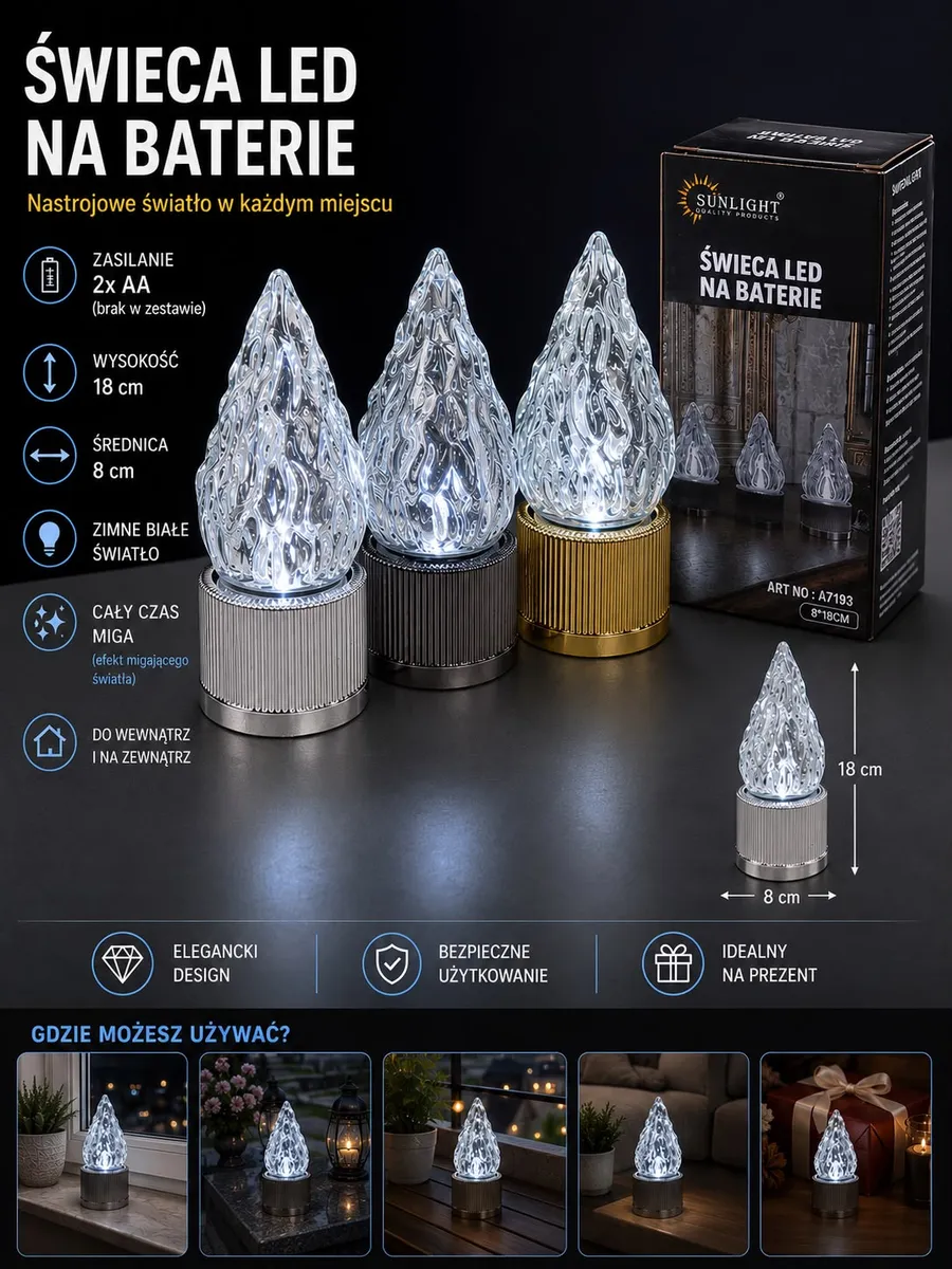 Świeca LED na baterie 18 cm z przezroczystym płomieniem i metaliczną podstawą w trzech kolorach