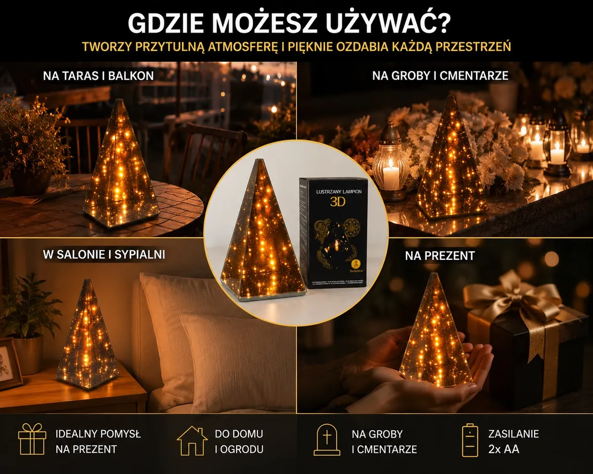 Lustrzany lampion LED 3D w kształcie piramidy świecący ciepłym światłem na stole i w różnych aranżacjach