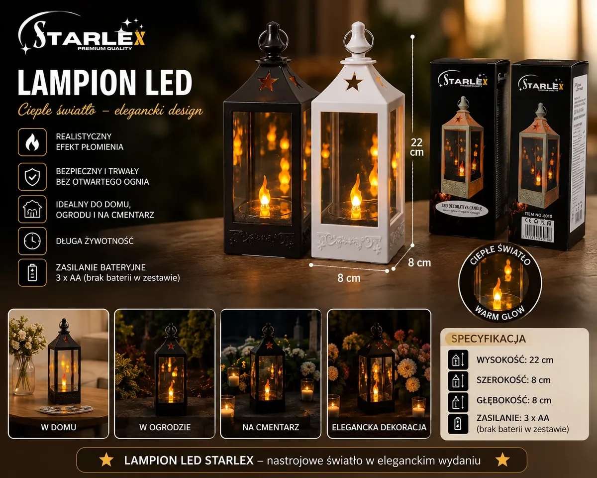 Lampiony LED Starlex czarny i biały 22 cm z efektem płomienia i dekoracyjnymi gwiazdkami
