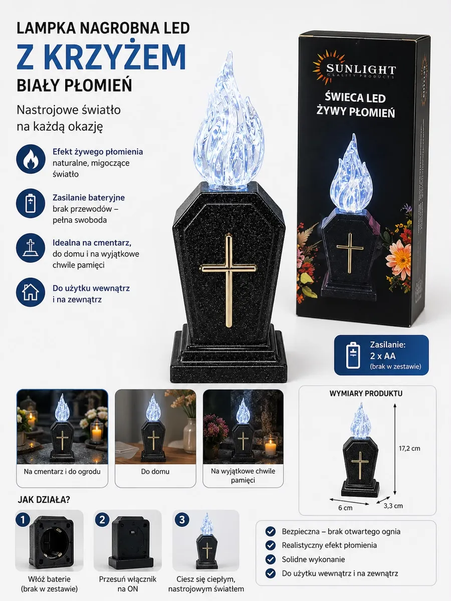 czarny lampion nagrobny LED z białym migoczącym płomieniem i złotym krzyżem
