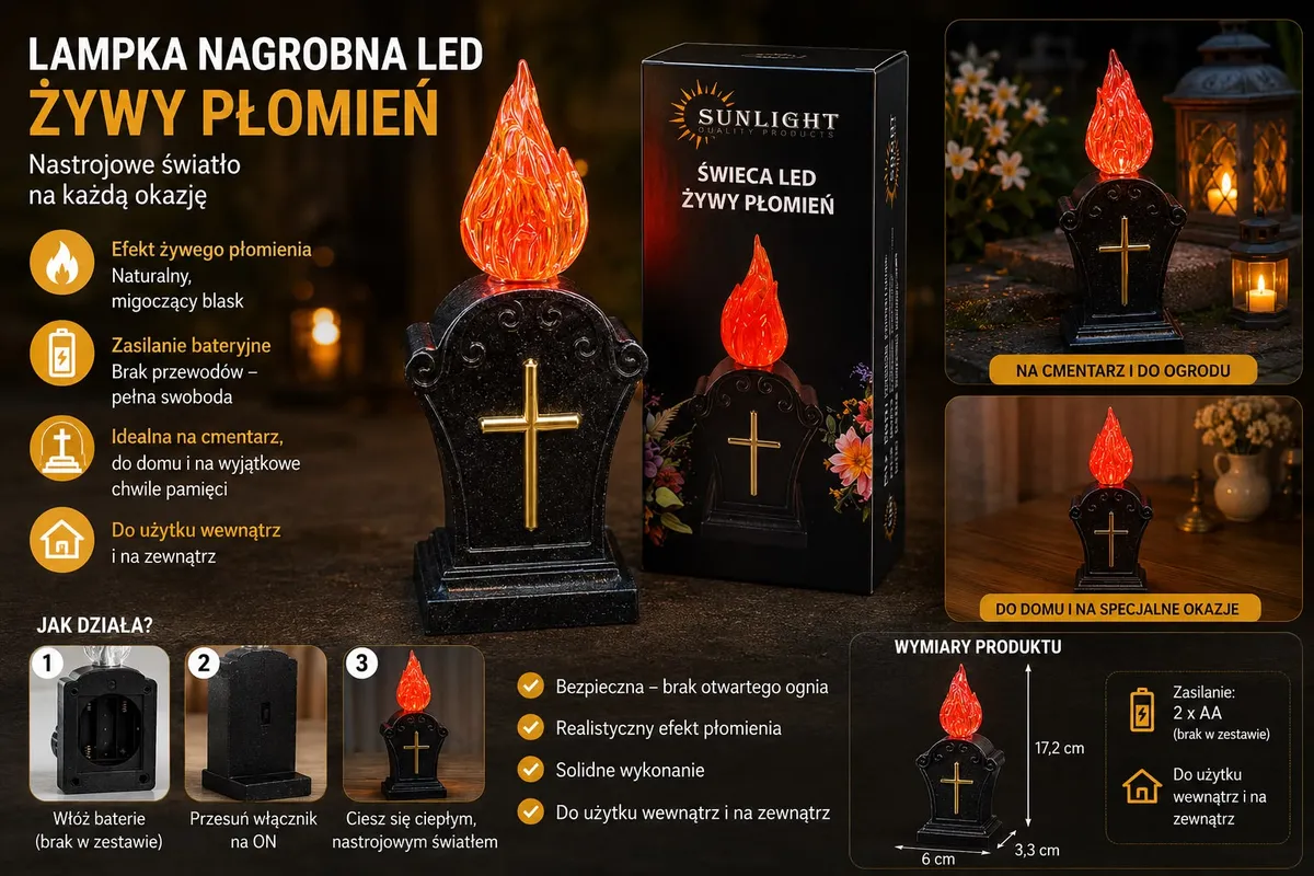 czarny lampion nagrobny LED z czerwonym migoczącym płomieniem i złotym krzyżem