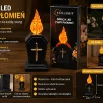 Lampion nagrobny LED z krzyżem czarny z efektem żywego płomienia