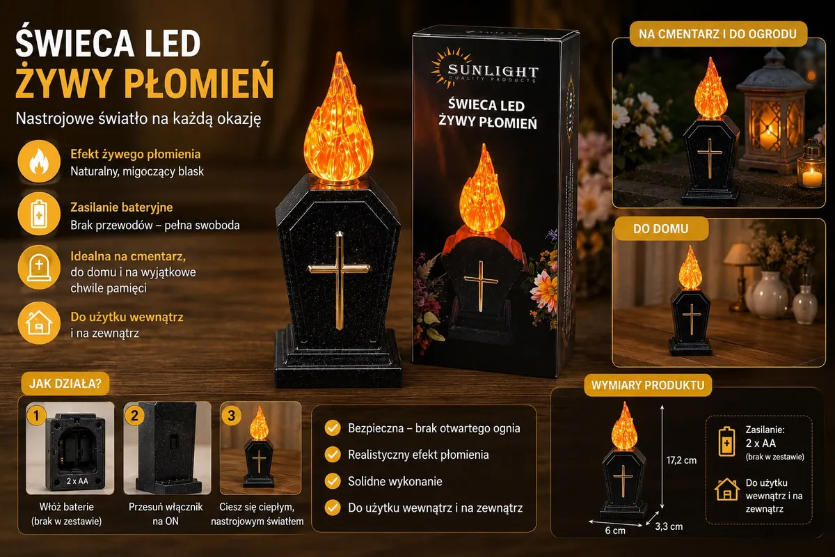 czarny lampion nagrobny LED z efektem migoczącego płomienia i złotym krzyżem
