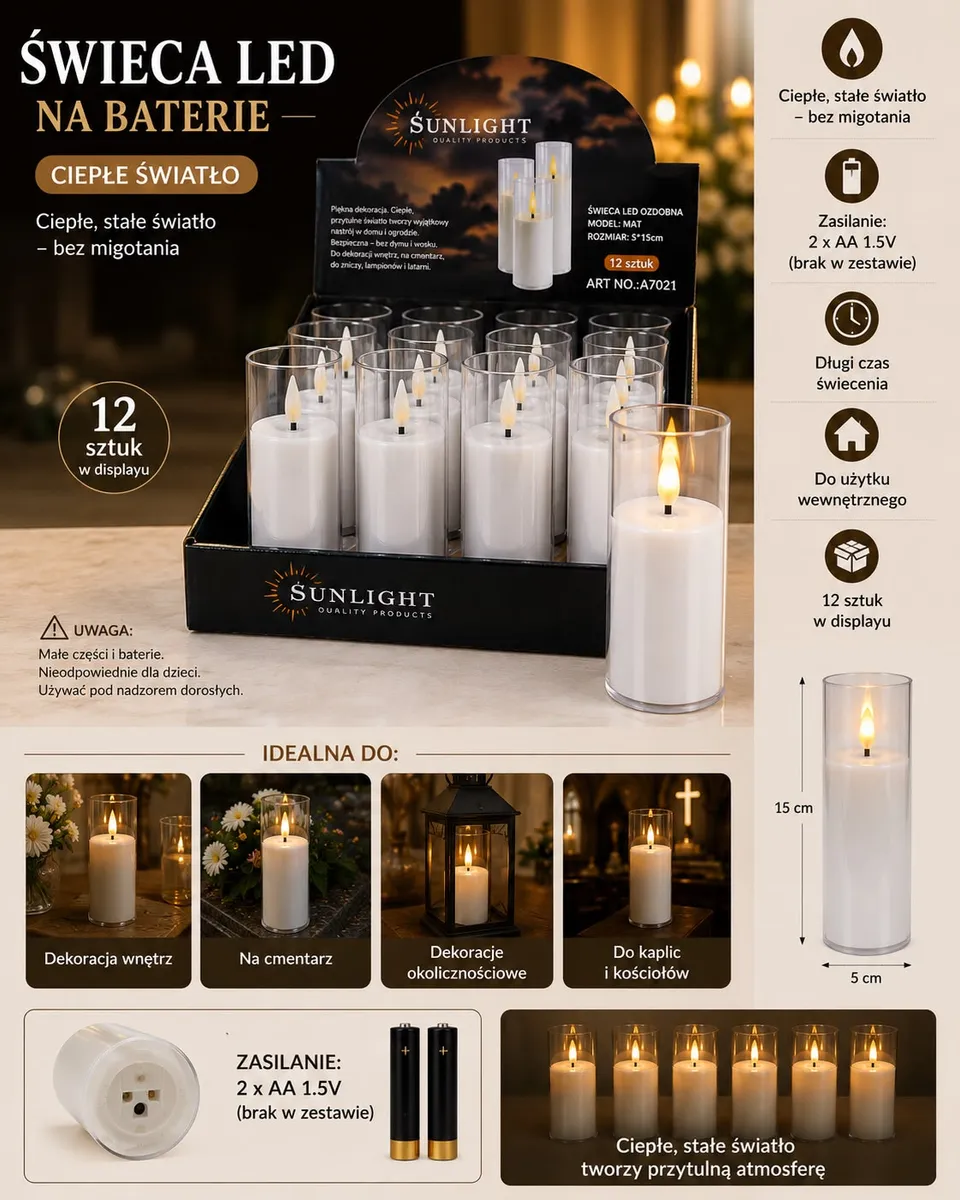 Świeca LED na baterie 15 cm z ciepłym światłem w przezroczystej obudowie, 12 sztuk w displayu