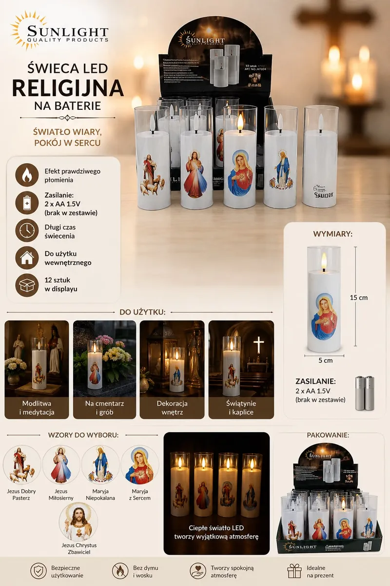 biała świeca LED 15 cm z kolorowymi wizerunkami religijnymi na baterie w opakowaniu display