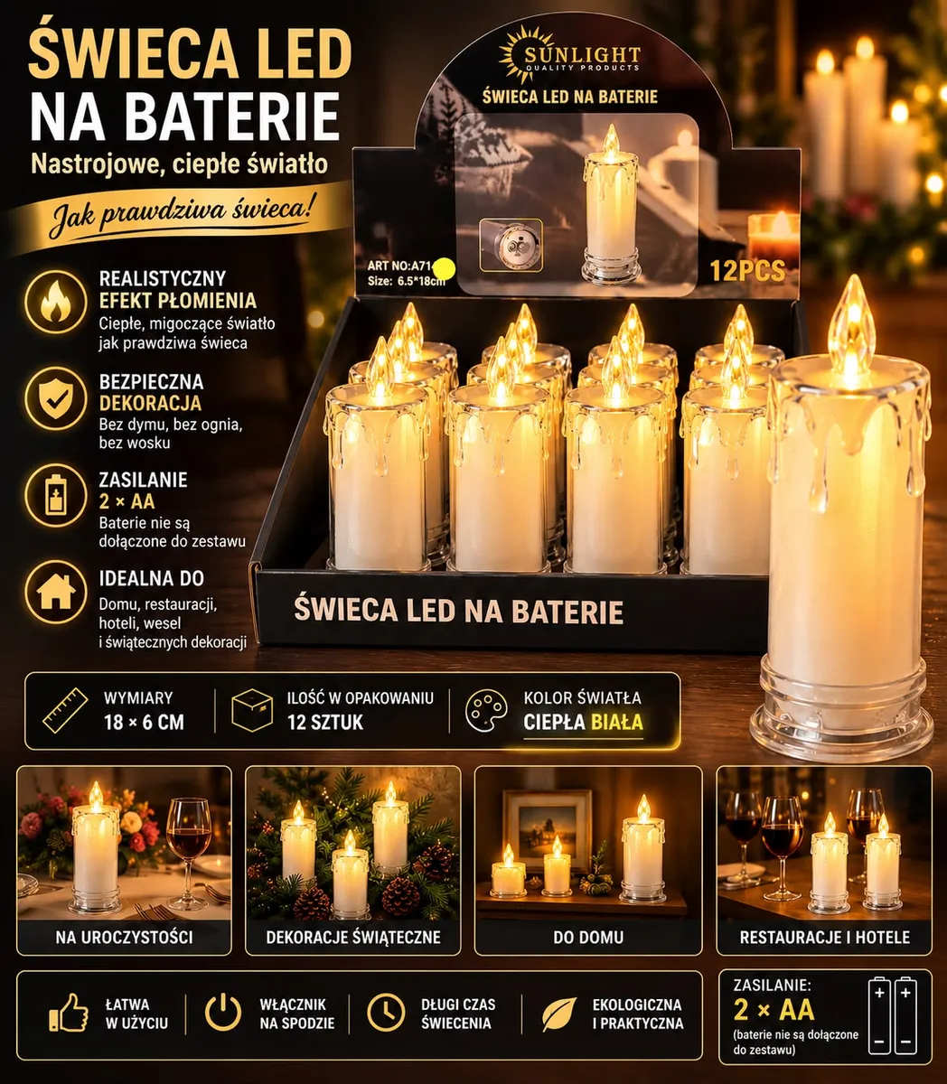 Świeca LED na baterie 18 cm z ciepłym białym światłem i imitacją płomienia w opakowaniu 12 sztuk