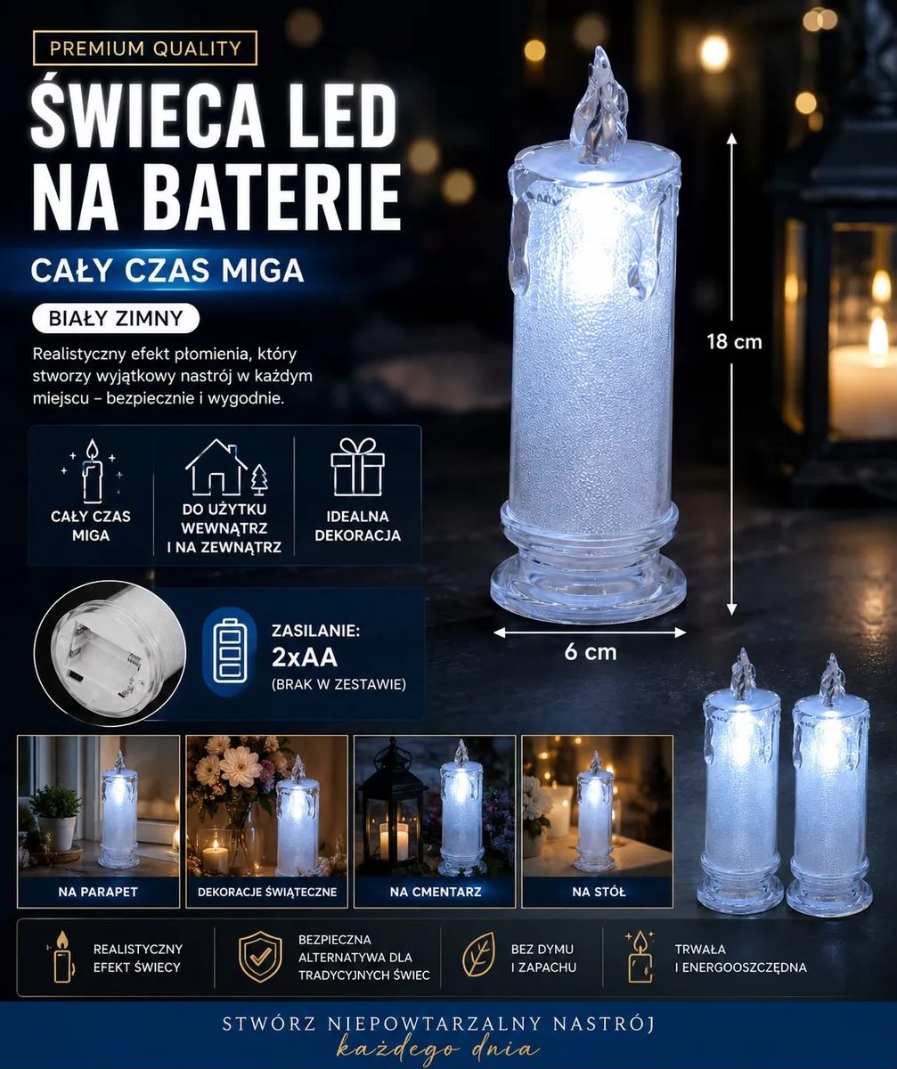 biała świeca LED 18 cm z efektem migania, zasilana bateriami AA, na parapet i dekoracje