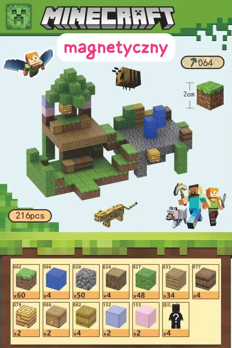 Magnetyczny zestaw klocków Minecraft z 216 elementami i figurkami postaci