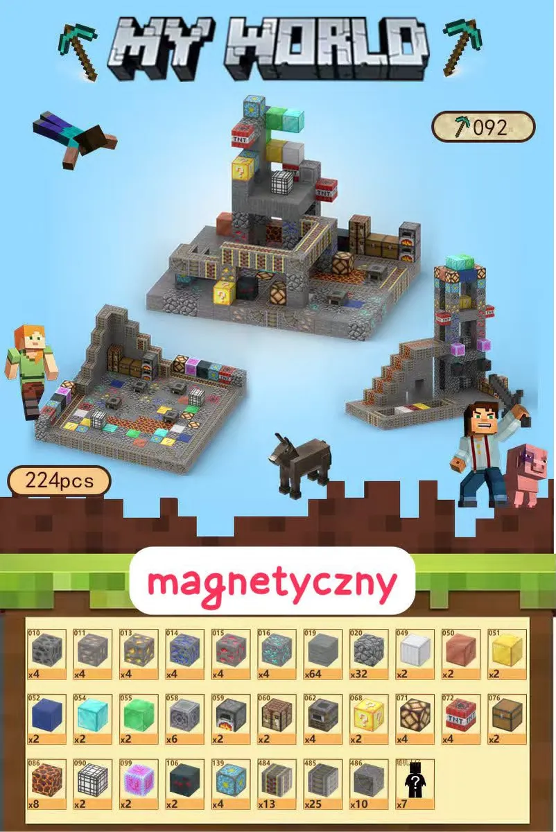 Magnetyczny zestaw klocków My World 224 elementy z motywem gry, przykładowe konstrukcje i spis elementów