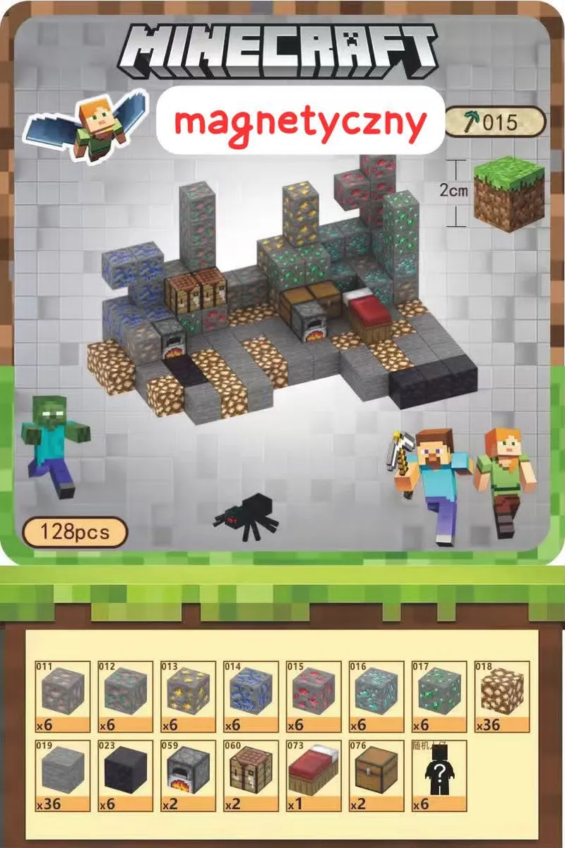 Magnetyczny zestaw klocków Minecraft 128 elementów z blokami o wymiarze 2 cm