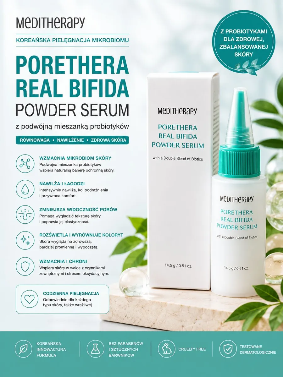 Serum Meditherapy Porethera Real Bifida w białym flakonie z zielonym aplikatorem i kartonowym opakowaniem