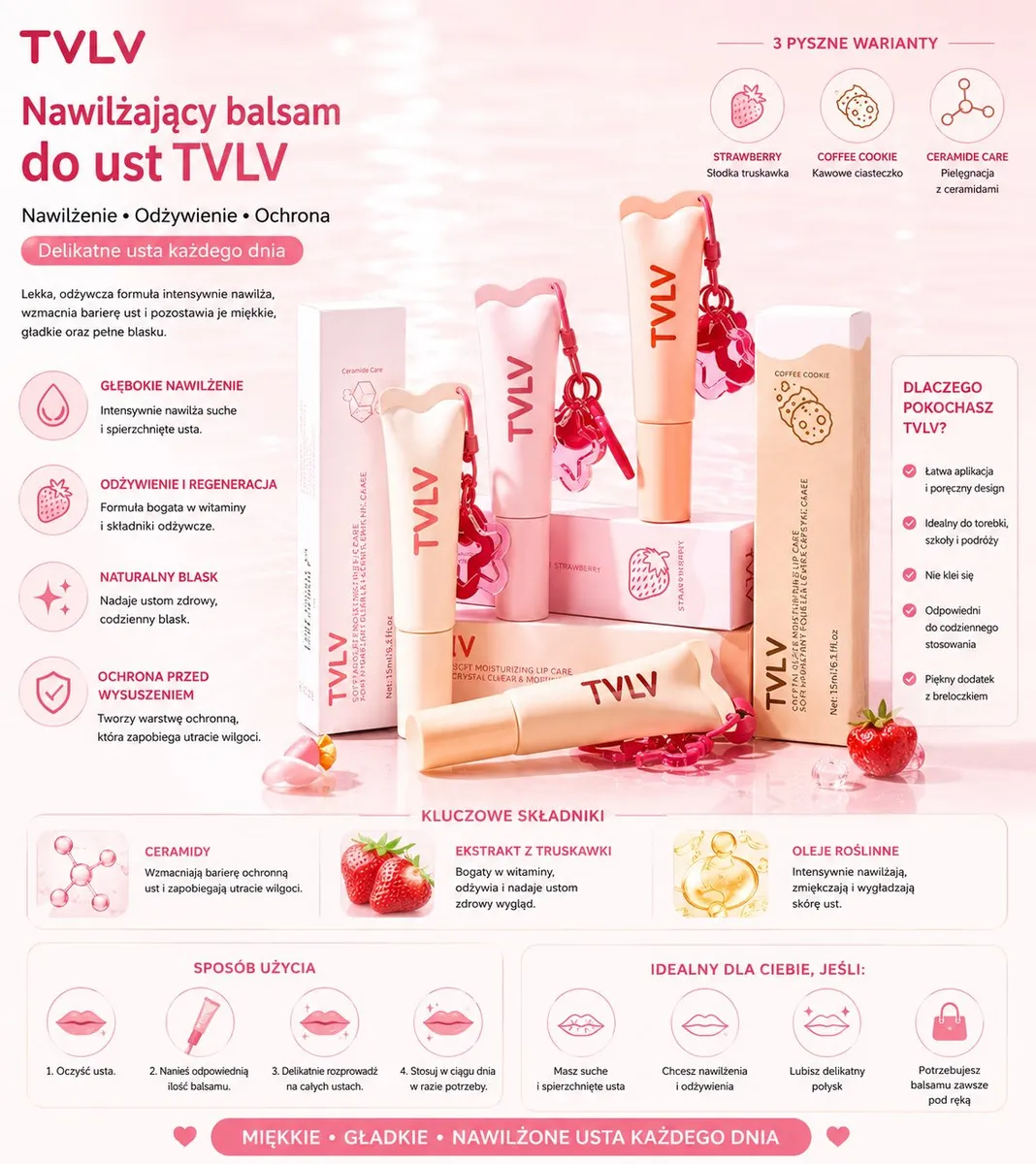 balsamy do ust TVLV w pastelowych opakowaniach z breloczkiem, trzy warianty zapachowe