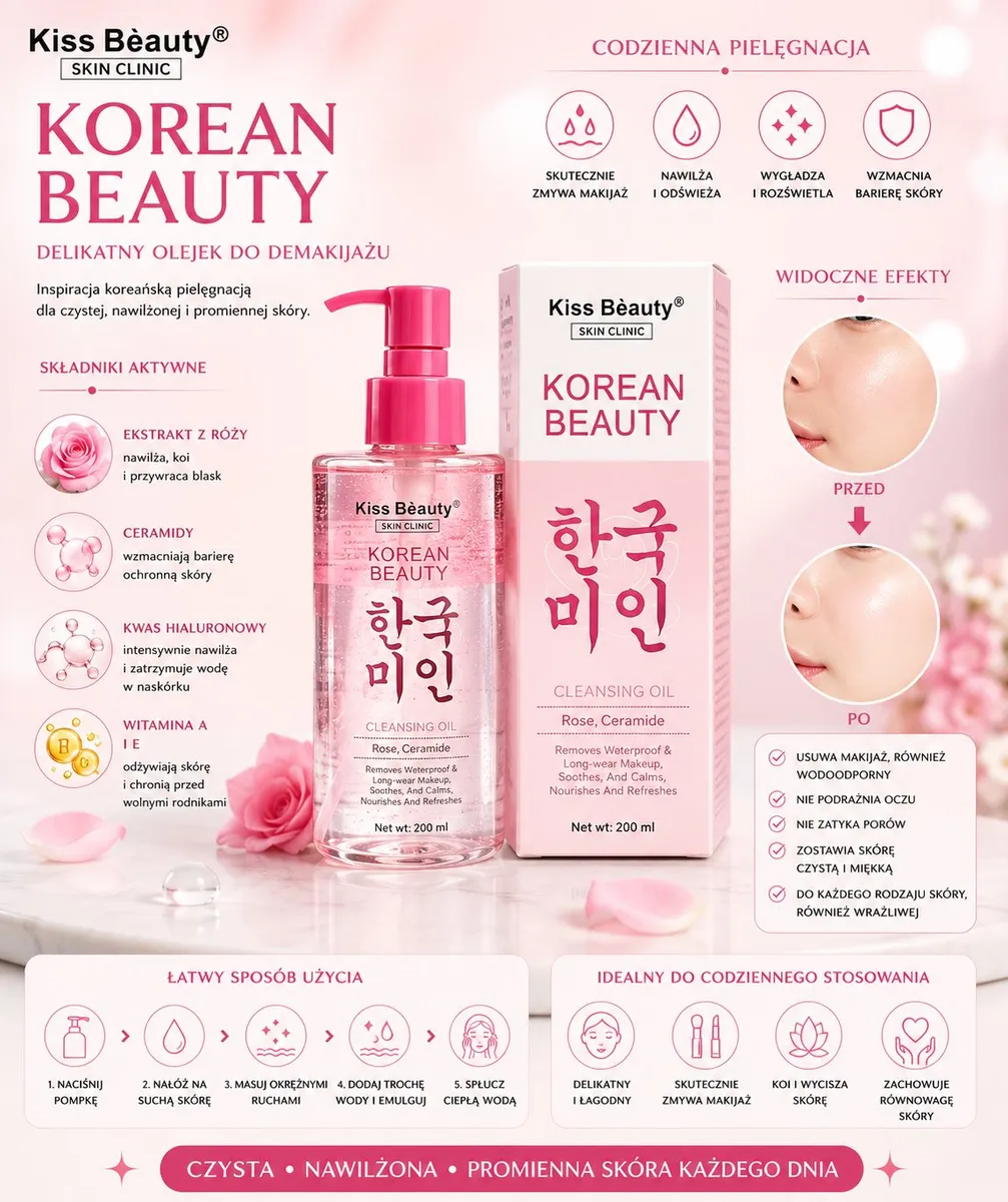 Butelka różowego olejku do demakijażu Kiss Bèauty Korean Beauty 200 ml z pompką i opakowanie