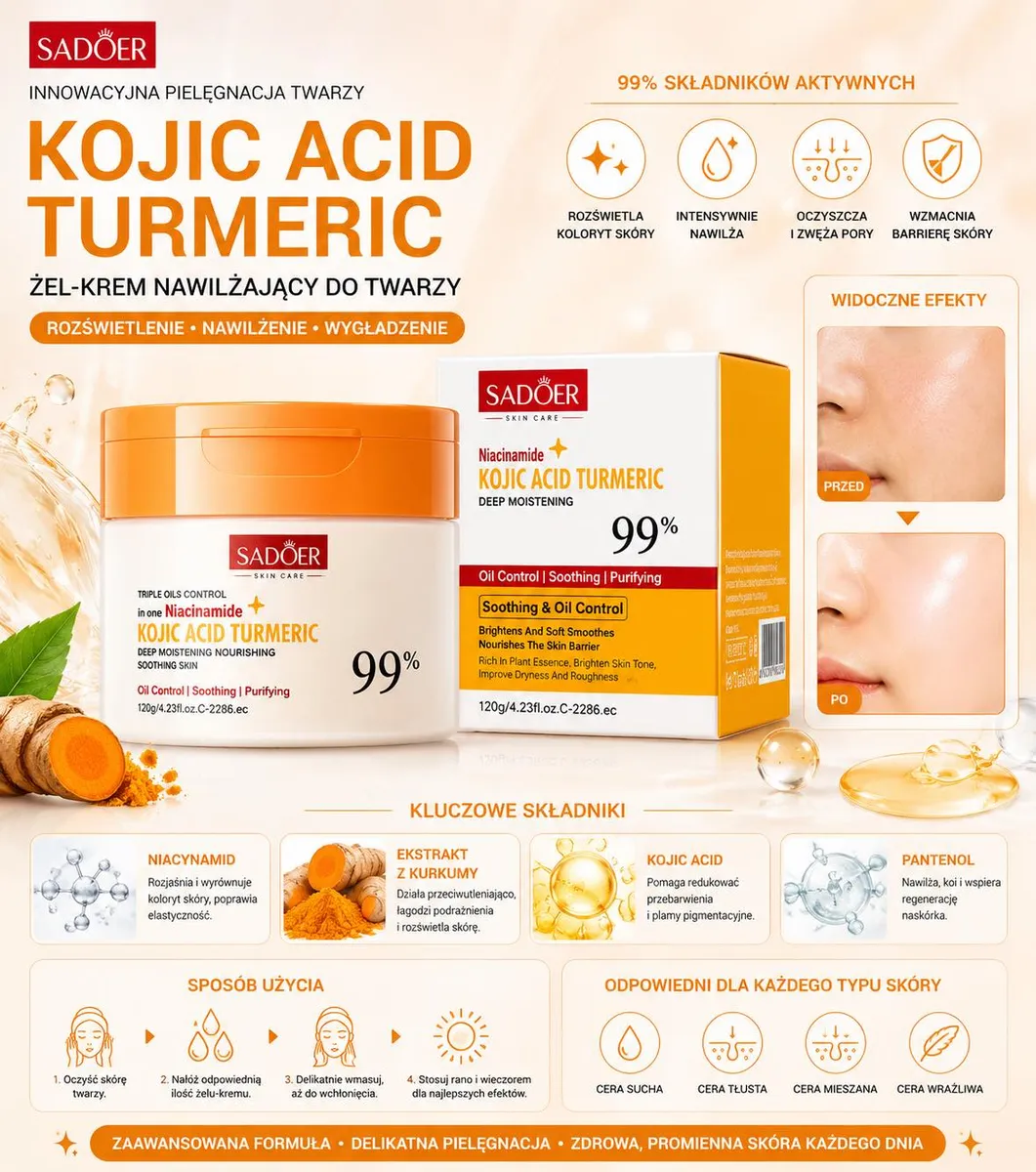 Słoik i opakowanie żel-kremu nawilżającego Sadoer Kojic Acid Turmeric 120g z pomarańczowo-białą grafiką
