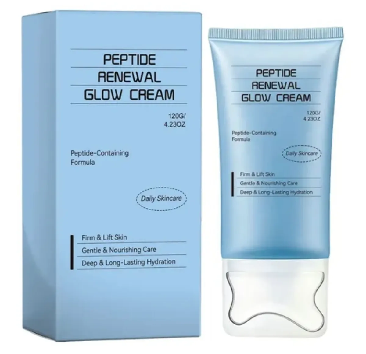 Jasnoniebieska tubka kremu do twarzy Peptide Renewal Glow Cream 120g z opakowaniem