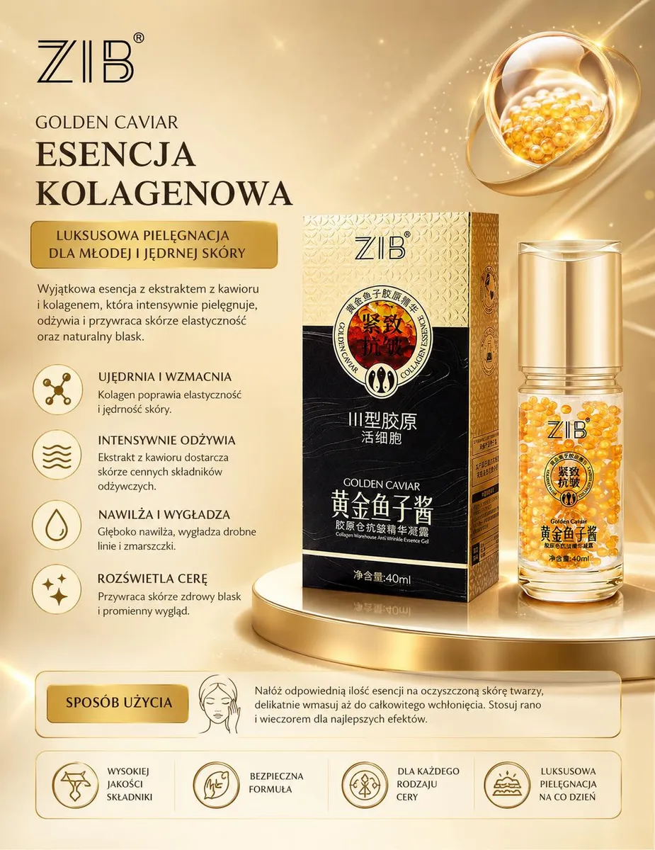 Butelka esencji kolagenowej ZIB Golden Caviar 40ml z złotymi perełkami i złote opakowanie