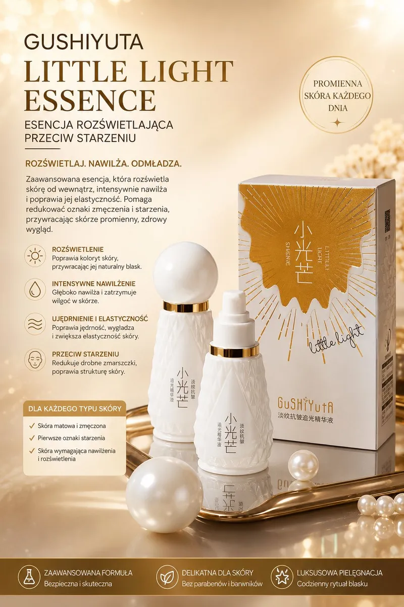 Butelka białego serum z geometrycznym wzorem i złotym pierścieniem obok eleganckiego pudełka