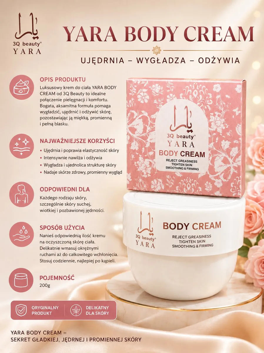 krem do ciała YARA BODY CREAM w białym słoiku z różowym kartonikiem z kwiatowym wzorem