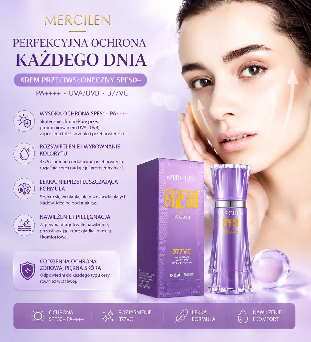 Fioletowy krem przeciwsłoneczny Mercilen SPF50+ PA++++ 377VC z opakowaniem i modelką