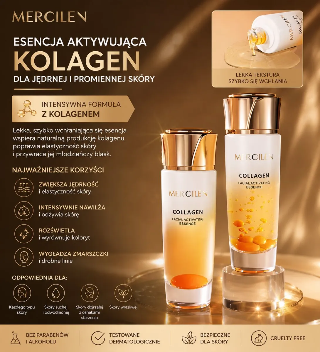 Butelki esencji MERCILEN Collagen z złotą nakrętką i przezroczystym spodem, esencja o lekkiej teksturze