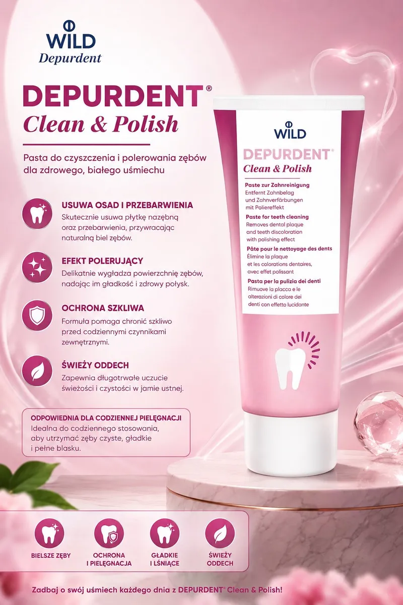 Różowo-biała pasta do zębów DEPURDENT Clean & Polish na różowym tle z grafiką zęba