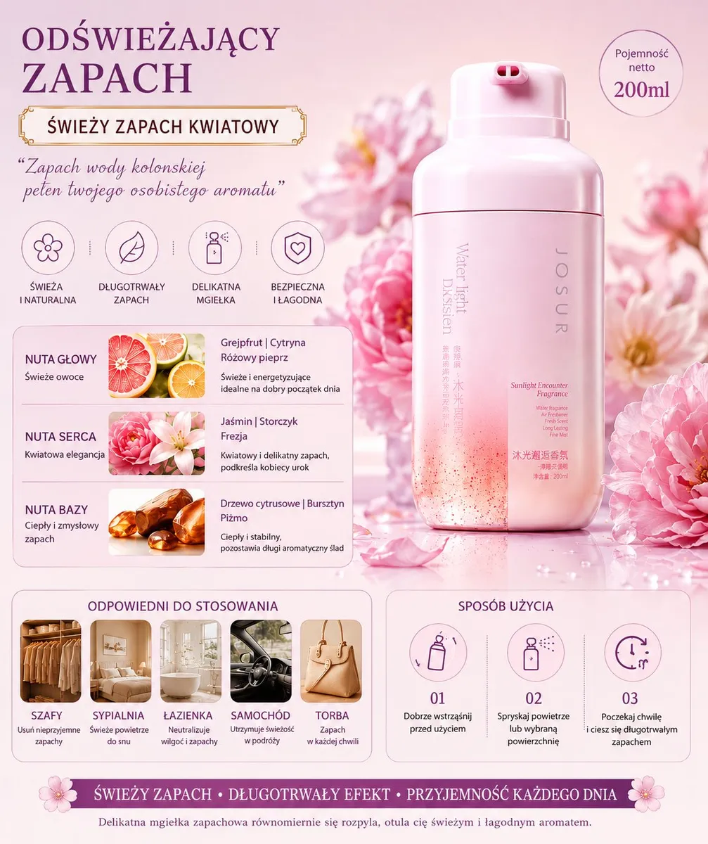 Pastelowo różowa butelka mgiełki zapachowej 200 ml na tle kwiatów