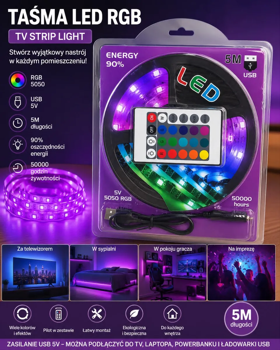 Taśma LED RGB 5050 5 metrów z pilotem w opakowaniu, kolorowe oświetlenie