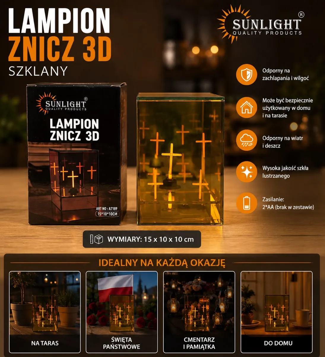Szklany lampion znicz 3D z efektem głębi i motywem krzyży w bursztynowym kolorze
