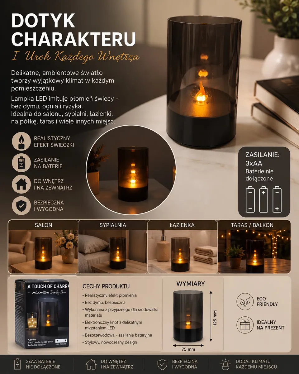 czarny lampion LED z efektem płomienia na stole, ciepłe światło, nowoczesny design