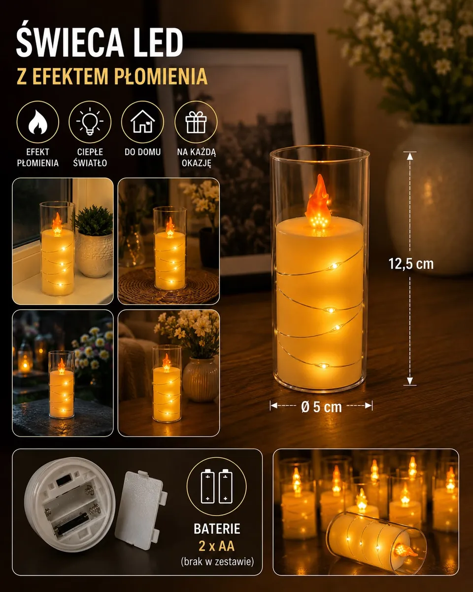 Świeca LED w szklanym walcu z efektem płomienia i lampkami LED, wysokość 12,5 cm