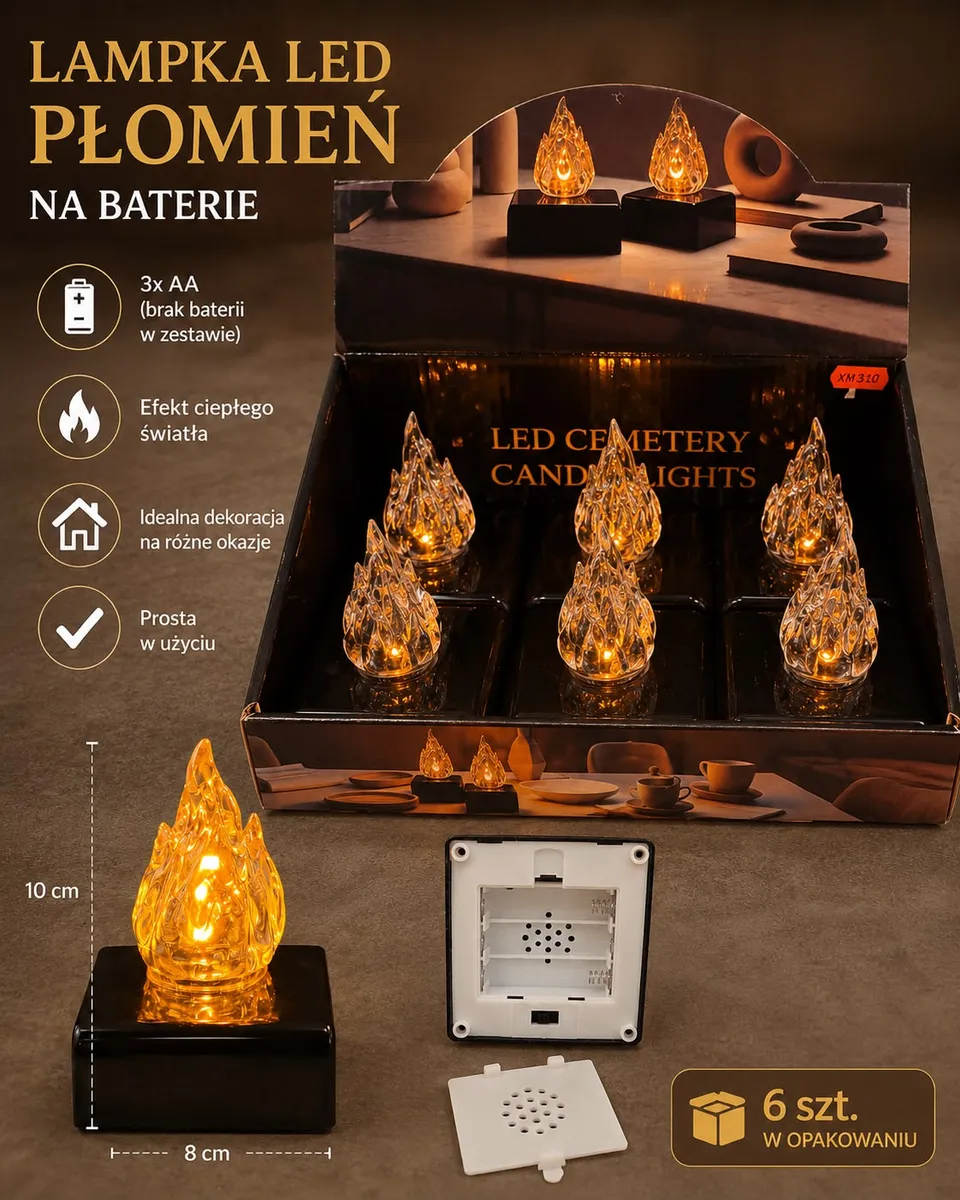 Lampka LED w kształcie pomarańczowego płomienia na czarnej podstawie, 10 cm wysokości, 8 cm szerokości