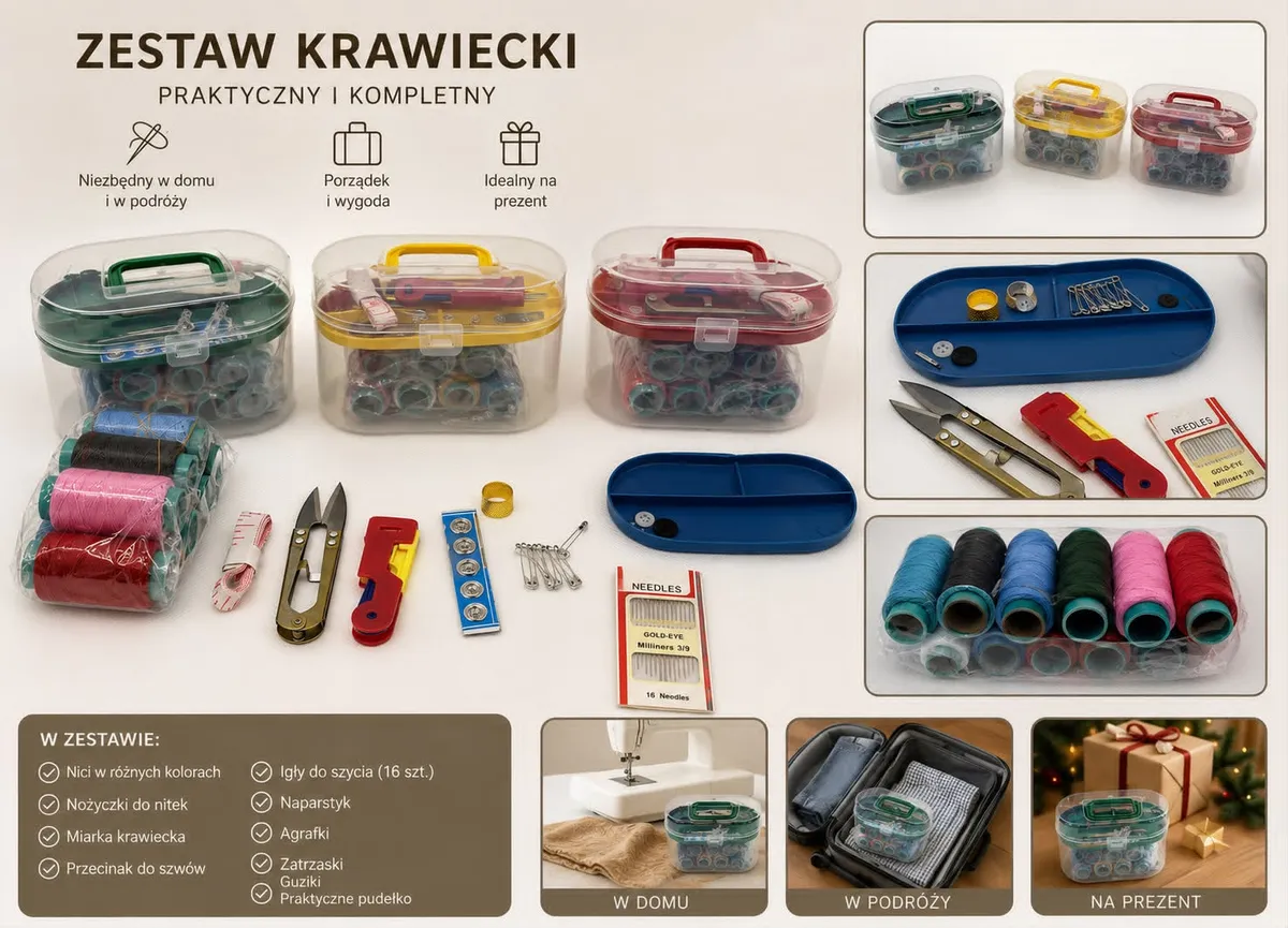 Przezroczyste pudełka z kolorowymi rączkami i zestawem nici, igieł, nożyczek i akcesoriów krawieckich