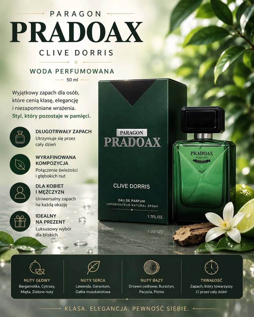 zielona butelka wody perfumowanej Pradoax Paragon 50 ml z czarną zakrętką i zielonym opakowaniem
