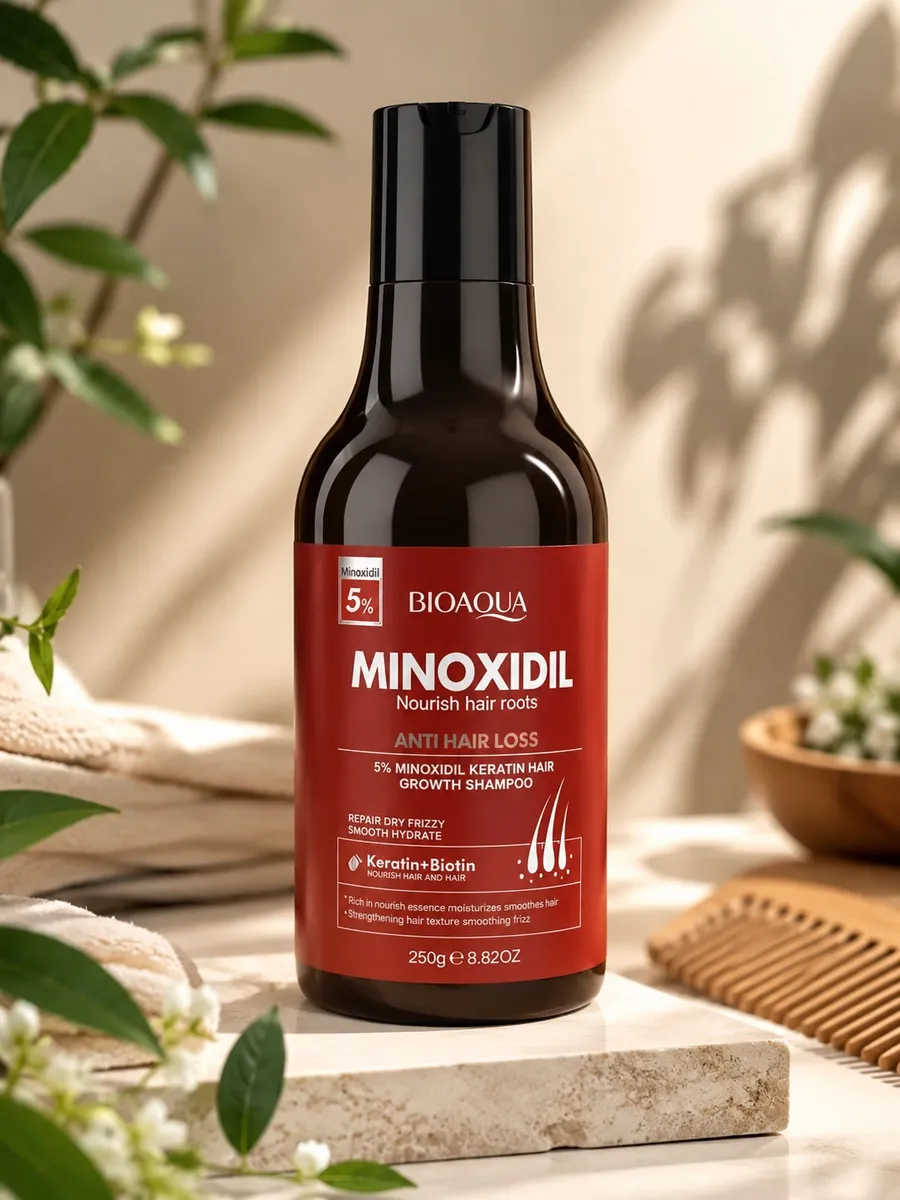 Butelka szamponu BIOAQUA Minoxidil 5% Keratin 250 g z czerwoną etykietą i czarną nakrętką