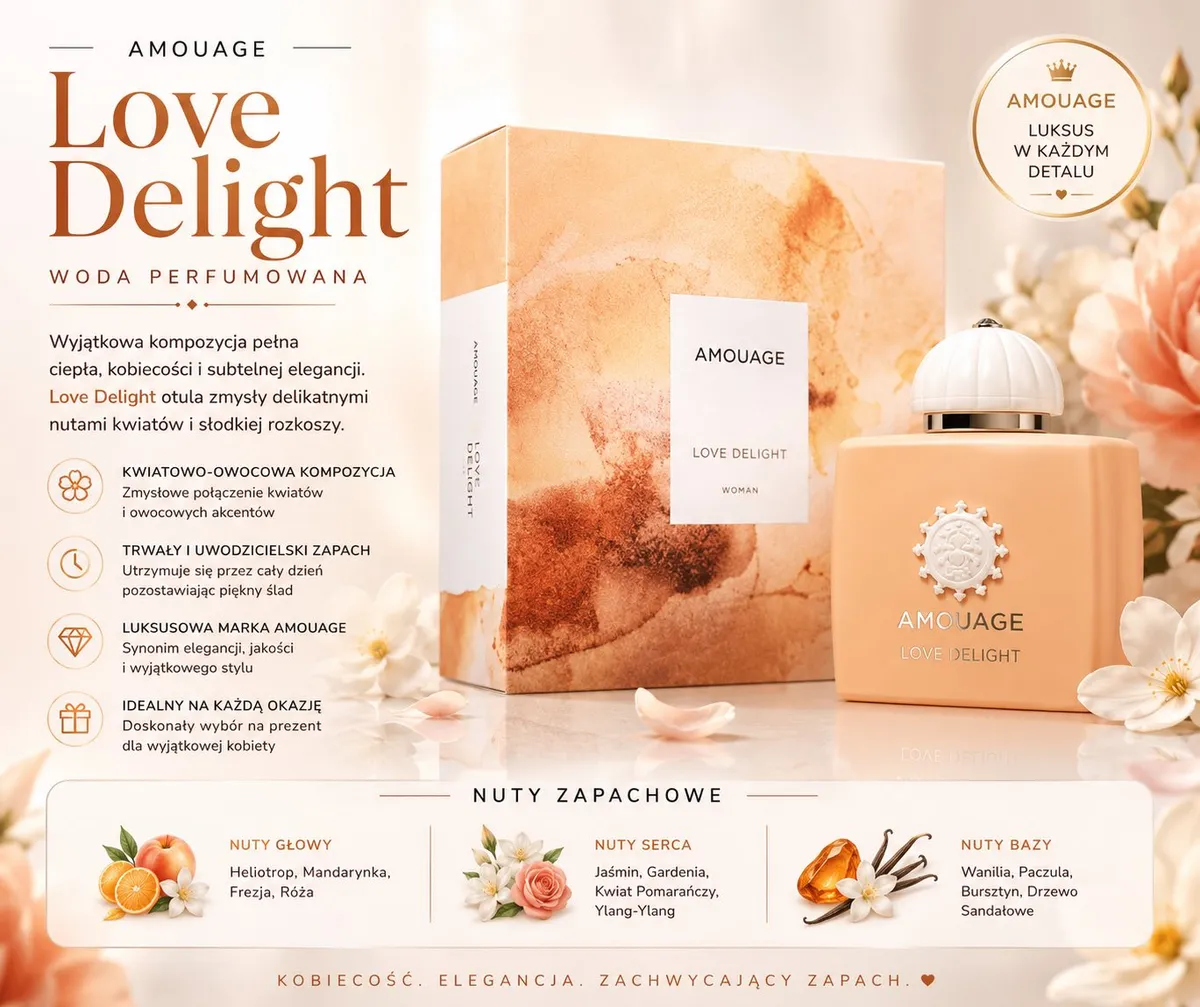 Butelka wody perfumowanej Amouage Love Delight 50ml z opakowaniem w ciepłych beżowo-brązowych tonach
