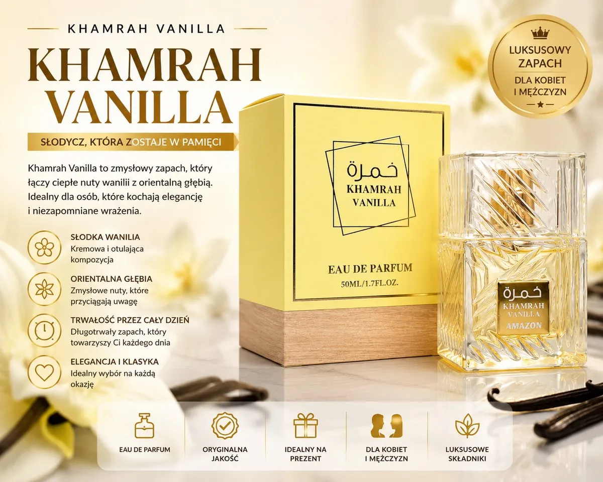 Perfumy KHAMRAH VANILLA w szklanym flakonie 50ml z żółtym opakowaniem i złotymi detalami