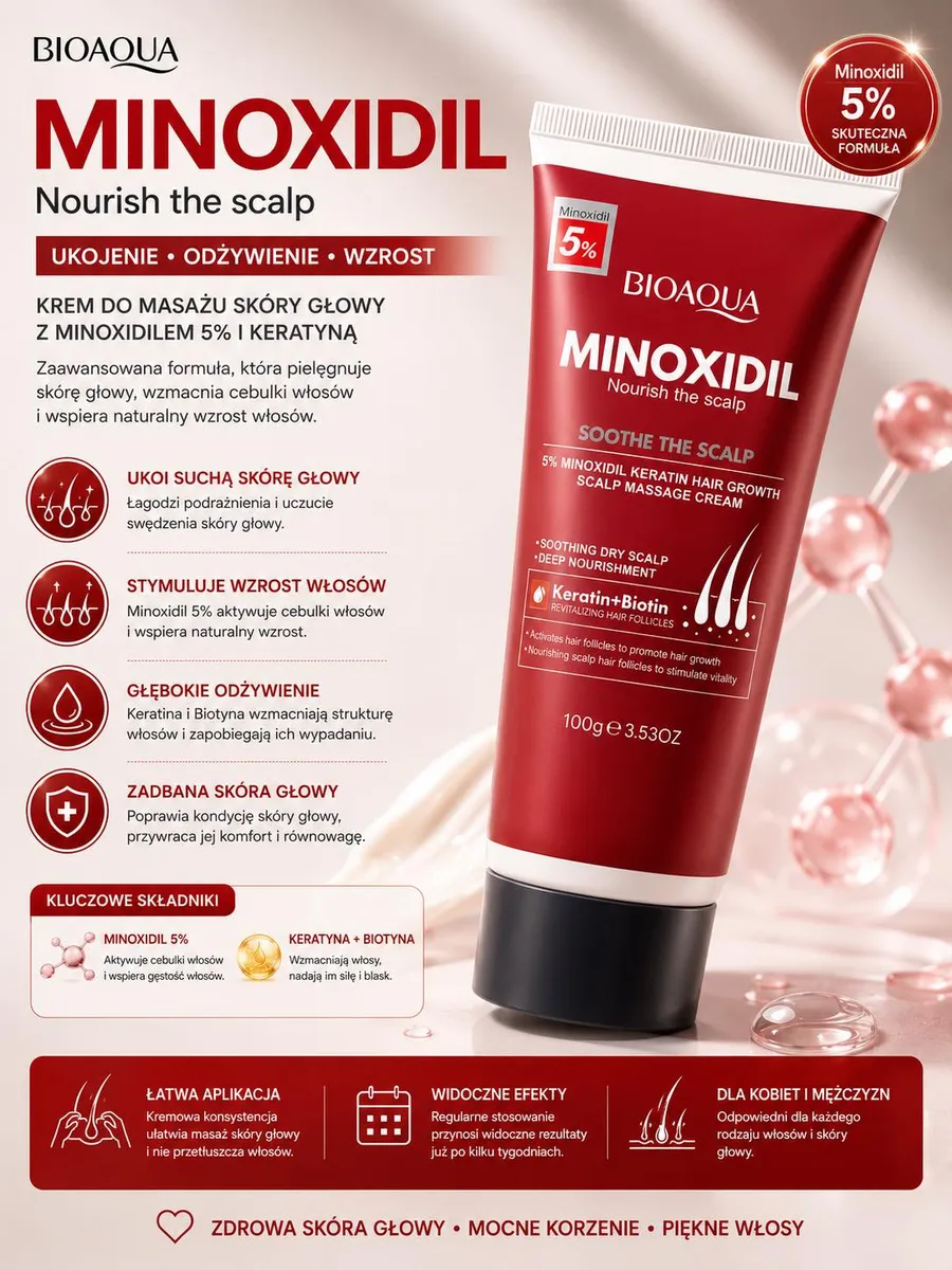 tuba kremu BIOAQUA Minoxidil 5% do masażu skóry głowy w czerwonym opakowaniu 100g