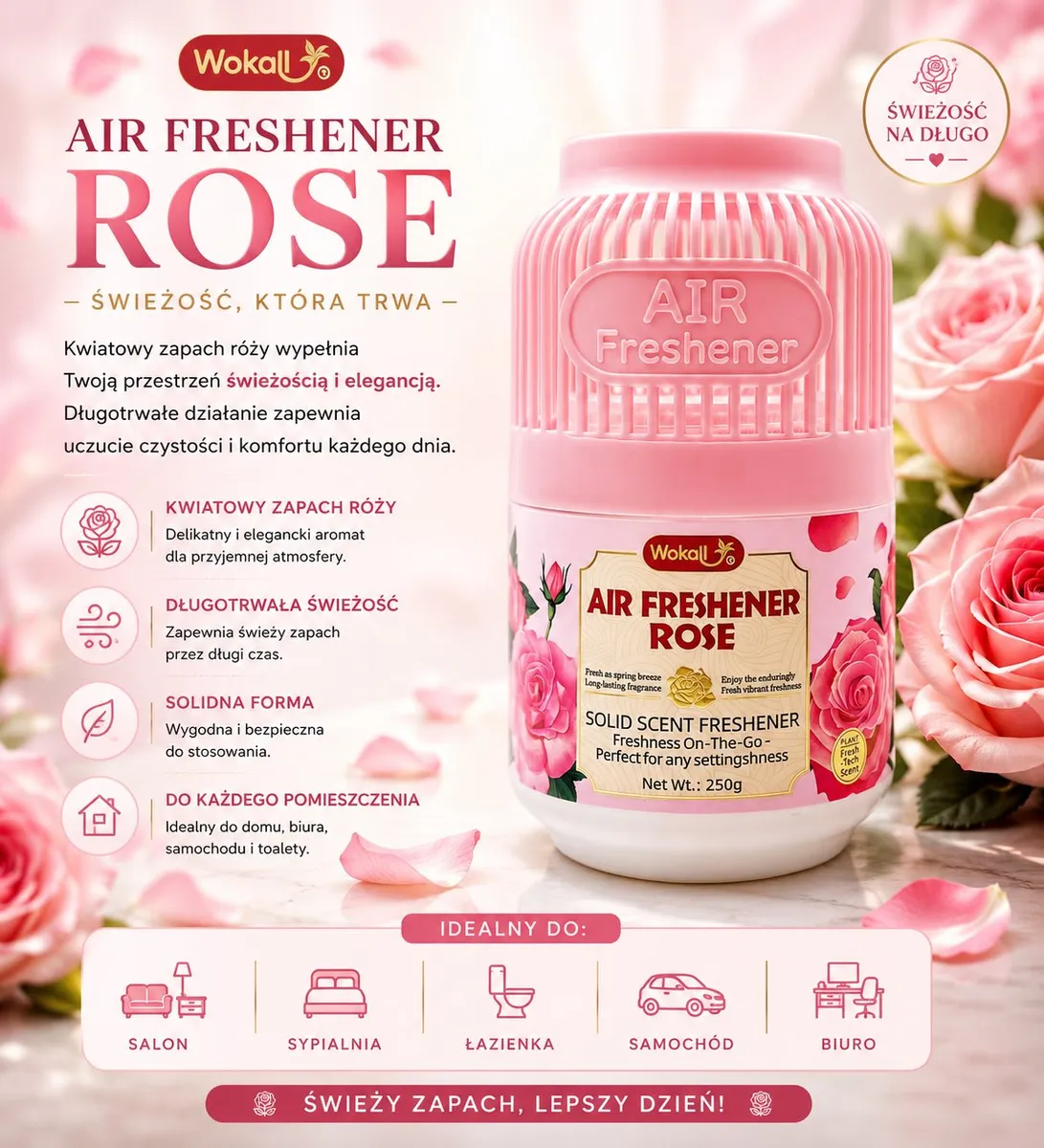 różowy odświeżacz powietrza Wokali Air Freshener Rose 250 g z kwiatowym motywem róży