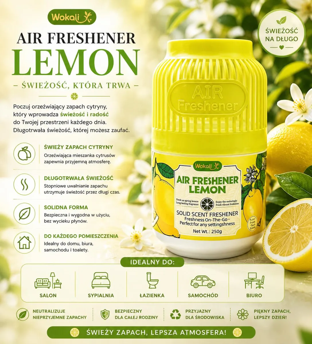 żółty odświeżacz powietrza Wokali Air Freshener Lemon 250 g z cytrynowym motywem na opakowaniu
