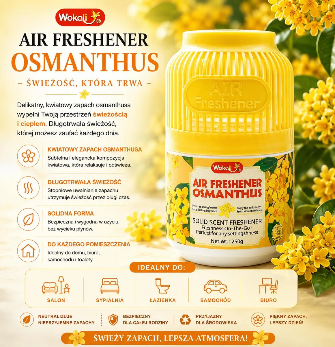 żółty odświeżacz powietrza Wokali Air Freshener Osmanthus 250 g z kwiatowym motywem