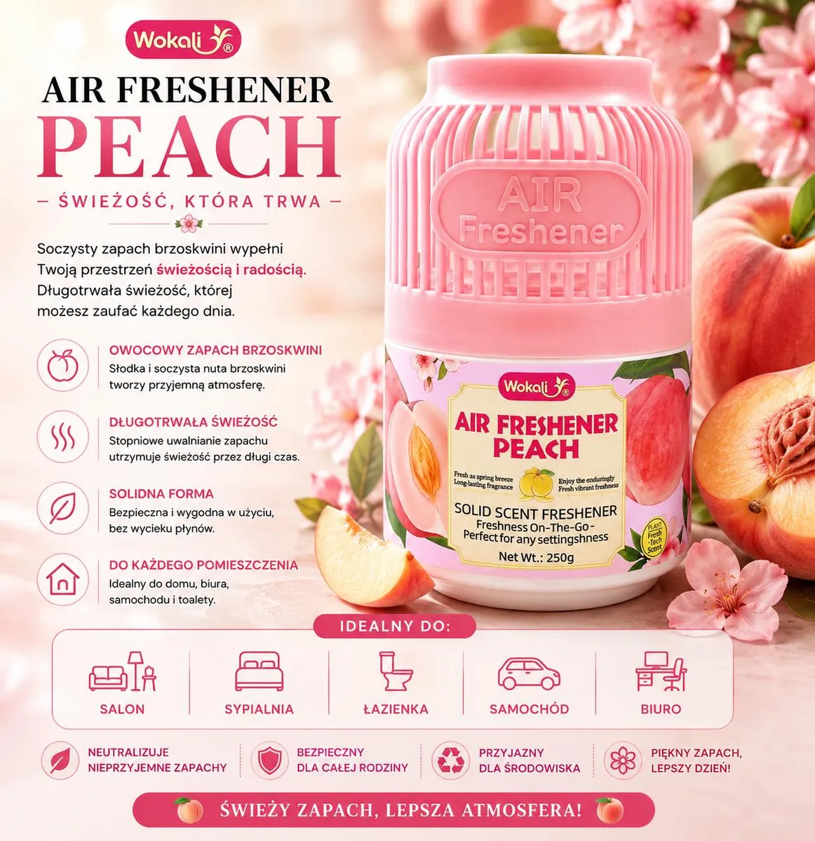 różowy odświeżacz powietrza Wokali Air Freshener Peach 250 g z motywem brzoskwini