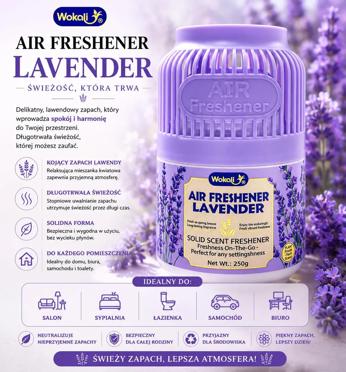 Fioletowy plastikowy odświeżacz powietrza Wokali Air Freshener Lavender 250 g z lawendowym motywem
