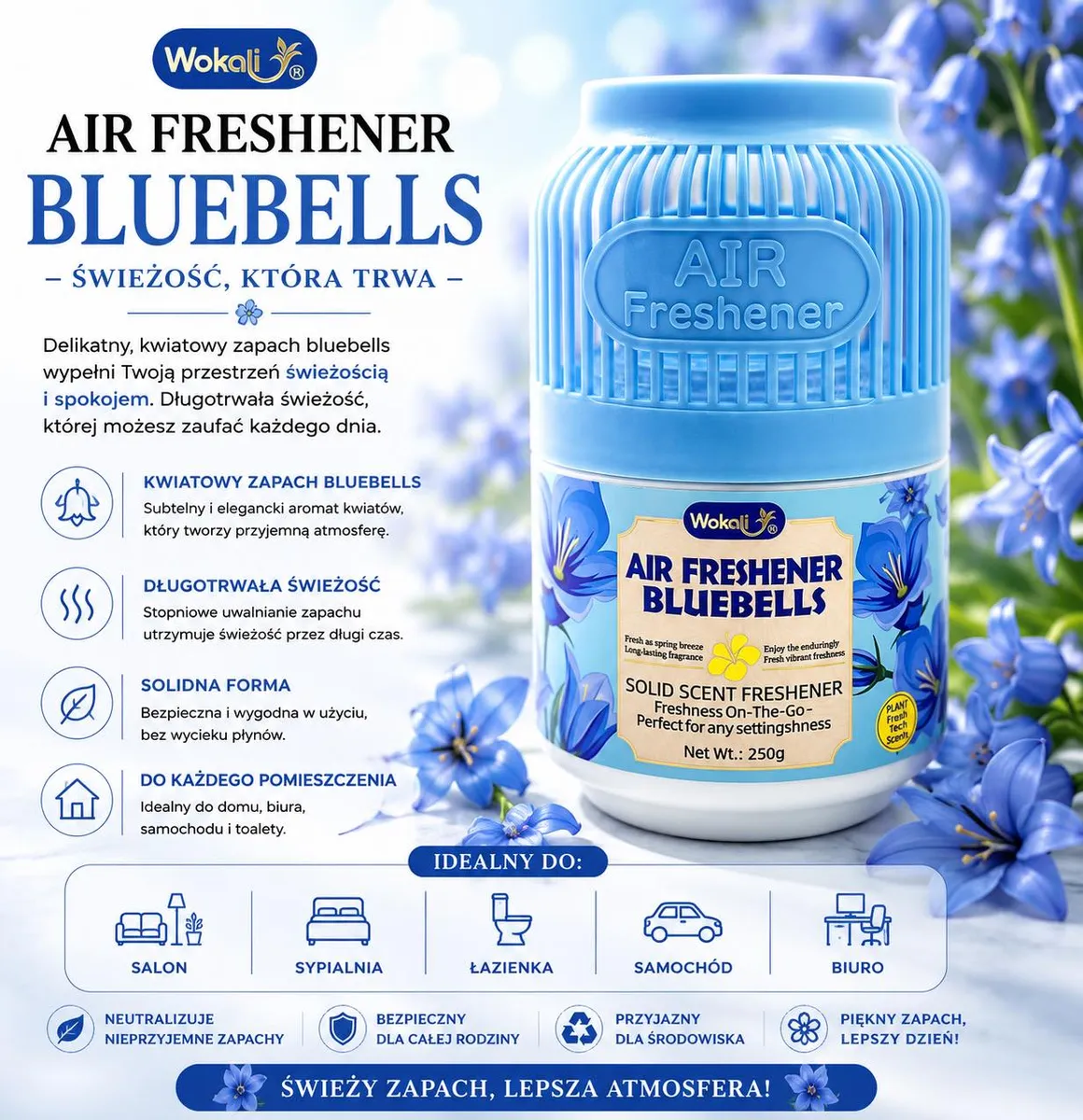 niebieski odświeżacz powietrza Wokali Air Freshener Bluebells 250 g z kwiatowym motywem