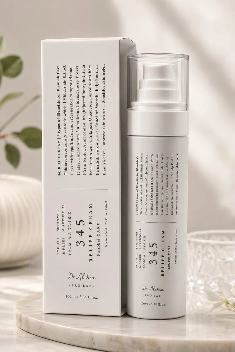 biały pojemnik z kremem Dr. Althea 345 Relief Cream i białe opakowanie z tekstem
