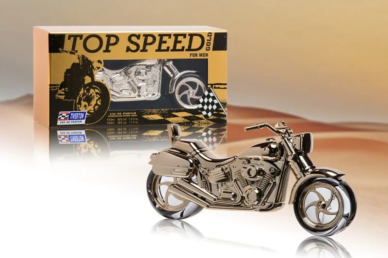 złoty flakon perfum w kształcie motocykla z czarno-złotym opakowaniem Top Speed Gold